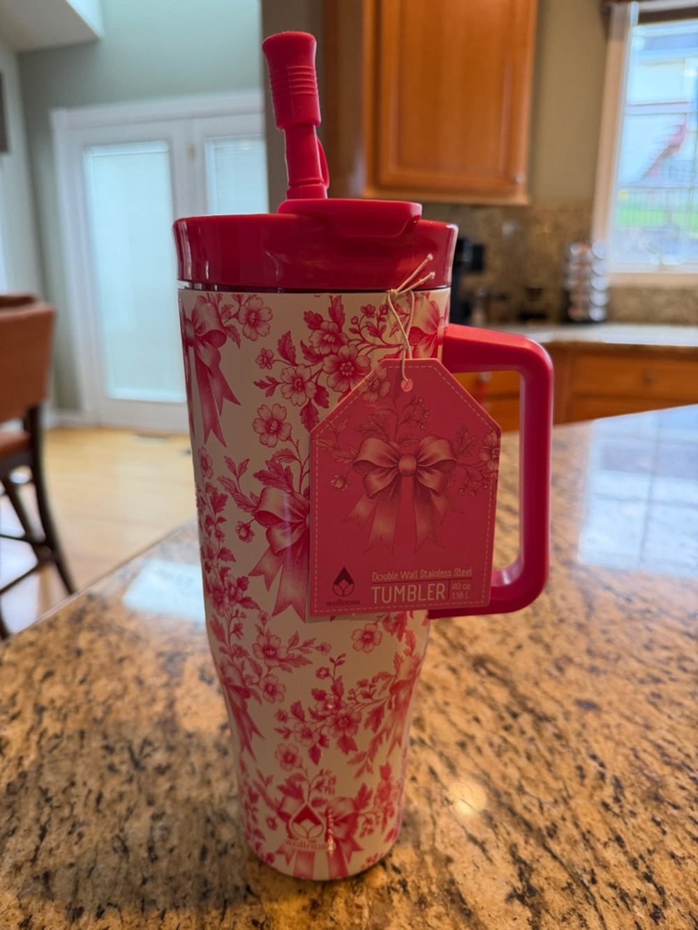 Floral Pink Stainless Steel Tumbler with Handle & Straw